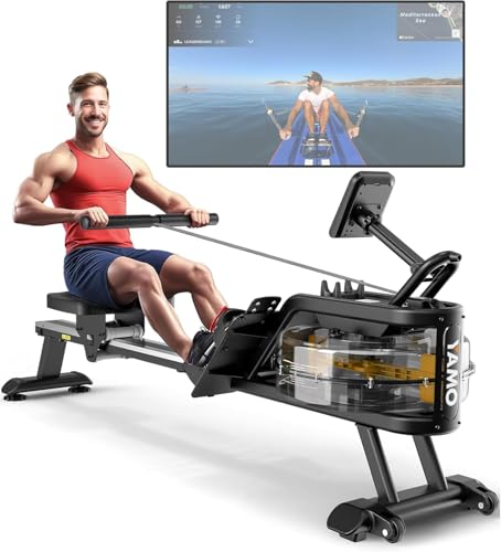 YAMO Rowing Machine for Home Water Rower with LCD Display Water Resistance Row Machine with 330LBS Weight Capacity Rowing Machines with 44 Days Kinomap App Membership