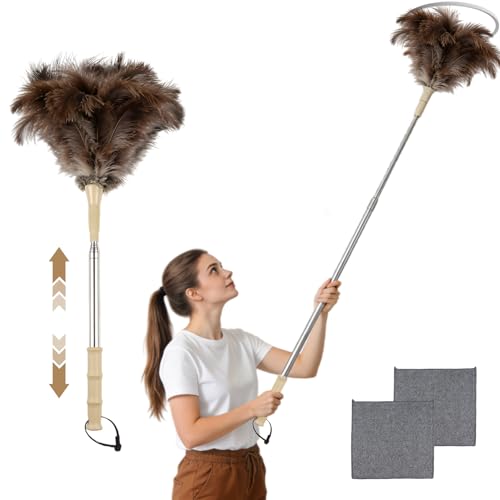 Plumero Atrapapolvo de Plumas de Avestruz – Plumero Telescópico Extensible hasta 130 cm, Suave y Lavable, Ideal para Techos y Superficies Delicadas, Incluye Paños de Limpieza