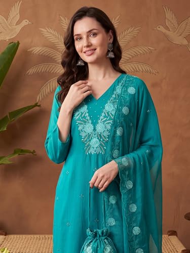 Image of INDO ERA Women's Cotton Blend Solid Straight Kurta Palazzo With Dupatta Set