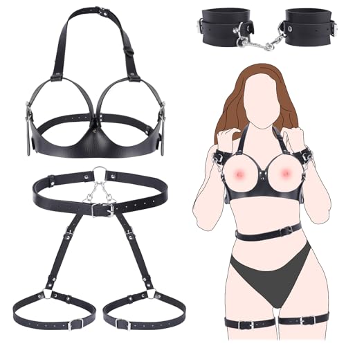 BDSM Sex Bondage Brustfesseln Set Ehepaar Sexspielzeug Einstellbare Bondage-Ausrüstung mit Brüste Sexy Geschirr Handschellen Oberschenkelriemen für Frauen Paare (schwarz)