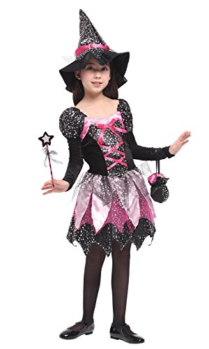 DEMU Hexenkostüm für Kinder Mädchen Halloween Kostüm Hexenkleid mit Hexenhut M(110-120) Cover