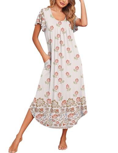 Image of Ekouaer Long Nightgowns for Women with Pockets Short Sleeves Moo Moos for Women Casual Maxi Dress House Dresses S-XXXL