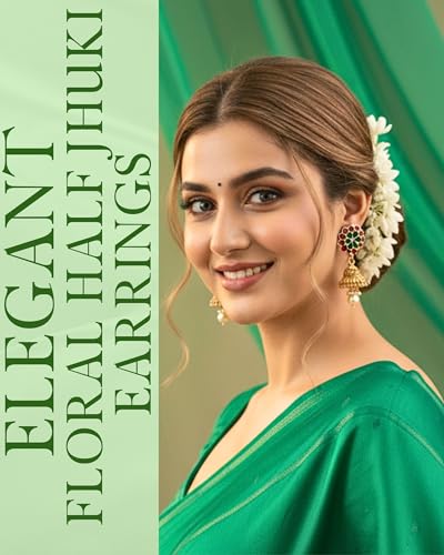Image of Mansiyaorange Antique Gold South Indian Floral Motif Kundan Pearl Stone Jhumki Stud Earrings For Women