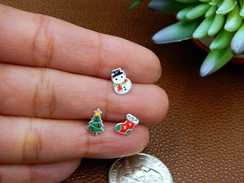 925 Sterling Silver (SET OF 3) Christmas tree, stocking, snowman Stud Earrings2