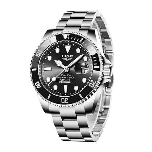 LIGE Relojes para hombre negro, reloj analógico de cuarzo de acero inoxidable, resistente al agua 3 ATM (30 m), función calendario, manecillas luminosas, reloj de pulsera para hombre, negocios - Imagen 2