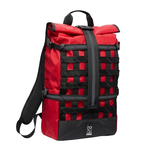 Chrome Industries Barrage 22L Red X Roll-Top Backpack &ndash; Water Resistant Bag for Work, School, Travel &ndash; Features Cargo Net & Laptop Pocket