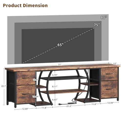 LED TV Stand for 65, 70, 80 Inch TV,71 Inch Industrial Entertainment Center with Power Outlets,Media Console Table with Open Storage Shelves & Fabric Drawers for Living Room Bedroom,Rusti Brown - Image 3