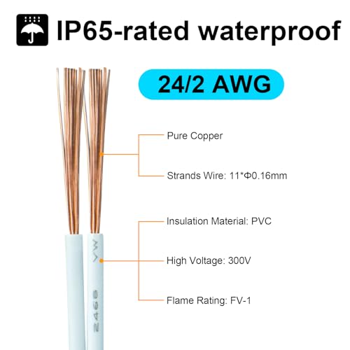 Image of 100FT 24AWG 2 Conductor Low Voltage LED Extension Cable Wire, 2 Core Parallel Wire for LED Strip Lights, Outdoor Use, Waterproof, UL2468 Certified, White