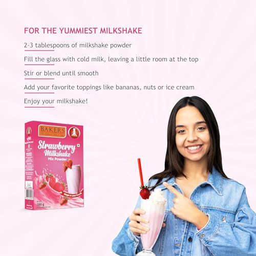 Image of BAKERS Milk Shake Mix Powder - Strawberry Flavor Pack of 4, Each 100g (400 Gram) | Instant Thick & Creamy Shake Mix | Rich & Delicious Dessert Drink | Ready to Mix with Milk | No Preservatives |Ready in 30 Sec