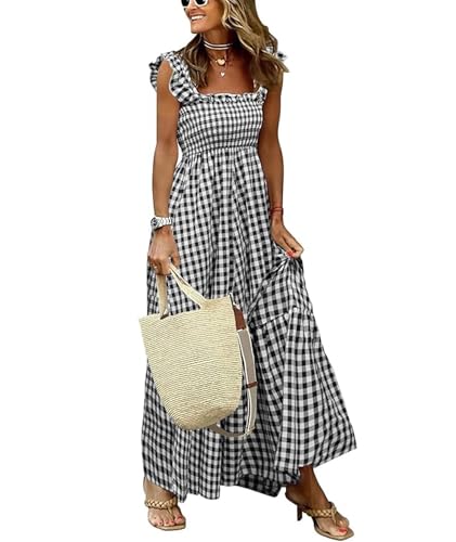 Image of SOMTHRON Women's Square Neck Plaid Smocked Dress Ruffle Sleeveless Tiered Flowy A-Line Checkered Maxi Long Dress