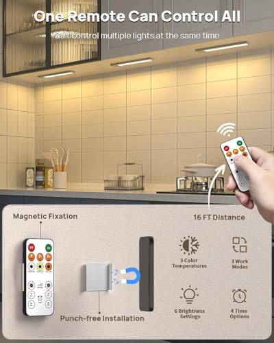 Image of 6 Pack Under Cabinet Lighting with Remote, 12inch Rechargeable Motion Sensor Light Indoor, LED Closet Light Wireless Dimmable & 3 Color Temps, Magnetic Under Counter Lights for Kitchen, Stairs