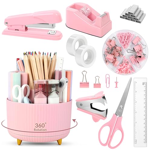 SKYDUE Pinkes Bürobedarf-Set, Schreibtisch-Organizer, Stifthalter für Schreibtisch, Hefter, Klebebandspender, Schere, Lineal, Clips und 1000 Heftklammern, Bürodekoration für Frauen, rosa