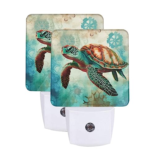 Image of Sea Turtle LED Plug-in Night Lamp 2 Piece Set, Auto Sensor Nightlights Set of 2 for Bedroom Bathroom