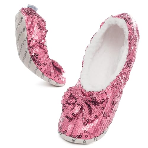 Snoozies Ballerina Bling Metallic Shine Slippers | Sequin House Shoes for Women | Slipper Socks with Grippers | Cute Indoor Footwear (Pink, Large)