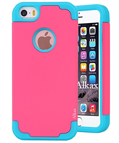 Alkax for iPhone SE Case, Dual Layer Armor Heavy Duty Rugged Slim Shockproof Protection Series Protective Cover for Apple iPhone SE +1 Stylus Pen (Hot Pink/Blue)