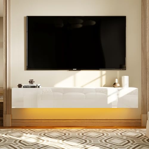 PREMTURE Lowboard mit Beleuchtung TV Schrank TV-Lowboard, Hängender TV-Ständer für Wohnzimmer, Zuhause, hängender Couchtisch, TV-Ständer weiß, MDF, 160 x 35 x 25 cm