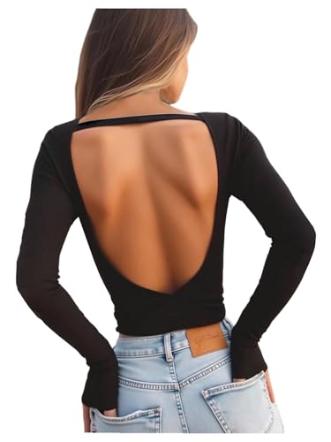 SHENHE Womens Open Back Scoop Neck T Shirt Sexy Long Sleeve Solid Fitted Going Out Tees Black Medium