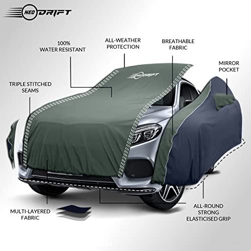Image of NEODRIFT 'SuperTech' Car Cover for Hyundai Verna (100% Water-Resistant, All Weather Protection, Tailored Fit, Multi-Layered and Breathable Fabric) (Colour: L.Green+Black) (Model: 2023-2026)