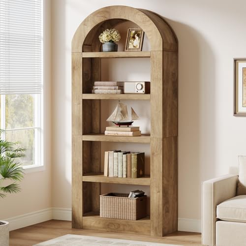Image of Tribesigns 70.9'' Tall Arched Bookshelf with Storage, 5-Tier Wooden Open Bookcase Display Shelves Organizer for Living Room, Bedroom, Library, or Office, Natural, 2PC