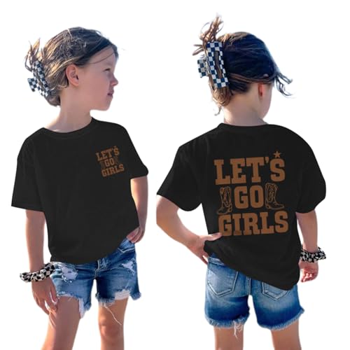 Deyaidy Girls Western Lets Go Girls Cowgirl Shirt Rodeo Country Cowboy Boots Shirts Kids Graphic Cotton Short Sleeve Tees(Black 140)