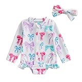 Dcohmch Baby Girl Rash Guard Swimsuit Long Sleeve Bow/Fruit Print Bathing Suit Infant Toddler Swimwear with Headband (White, 6-9 Months)