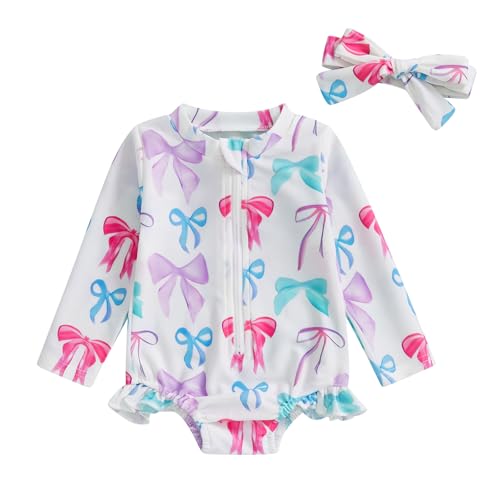 Dcohmch Baby Girl Rash Guard Swimsuit Long Sleeve Bow/Fruit Print Bathing Suit Infant Toddler Swimwear with Headband (White, 18-24 Months)