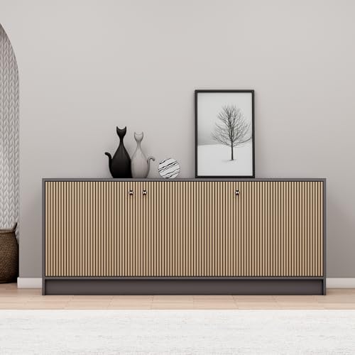 Image of Bniture Luxe Storage Cabinet for Living Room | Wooden Sideboard Cabinet with 3 Door & 3D Textured | Multipurpose Storage Cabinet Organizer for Home Hallway, Bedroom & Kitchen | Grey & Giant Wood