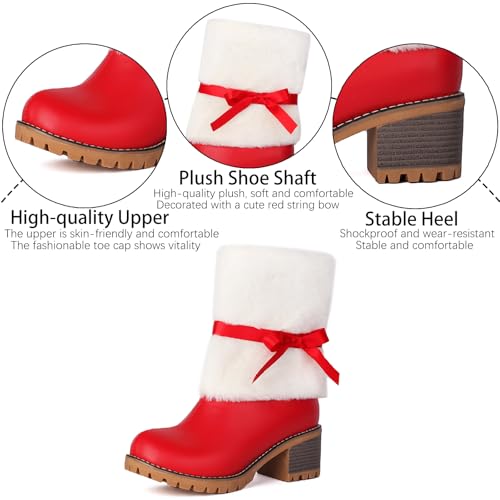 Women's Leather Stacked Chunky Heel Christmas Ankle Boots Warm Fur Lined Cute Bow Comfortable Round Toe Anti-slip Lug Sole Mid Heel Bootie Winter Outdoor Walking Christmas Bootie3