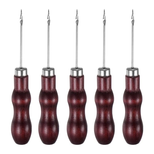 QUARKZMAN 5Pcs Herramienta de Costura Manual de Doble Punta En Forma de Calabaza con Mango de Madera para Perforar, Reparar Y Hacer Manualidades, Color Madera de Rosa