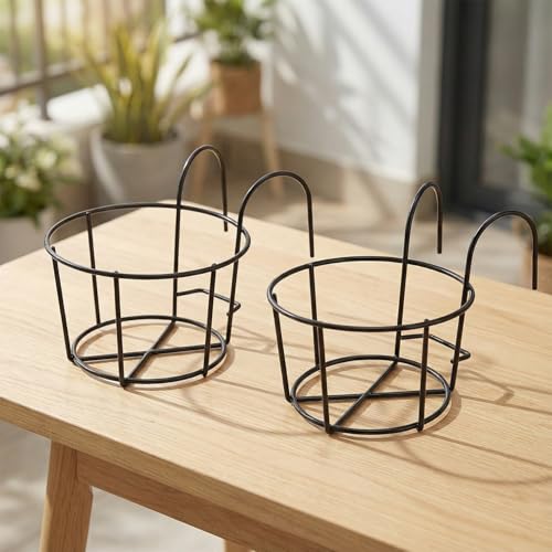 Image of ecofynd 2 Pack Round Metal Hanging Flower Pot Stand For Railing planters, Gamla stand Pot Holder for Balcony decoration items outdoor, Plant stands for balcony, Flower pot stand indoor (Black, PS028)