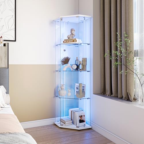 Vitrine en Verre,Vitrines d'angle en Verre avec LED,Hauteur de 162 cm Armoire de Collection en Verres à 4 Couches avec 1 Porte, vitrine trempé Transparent...