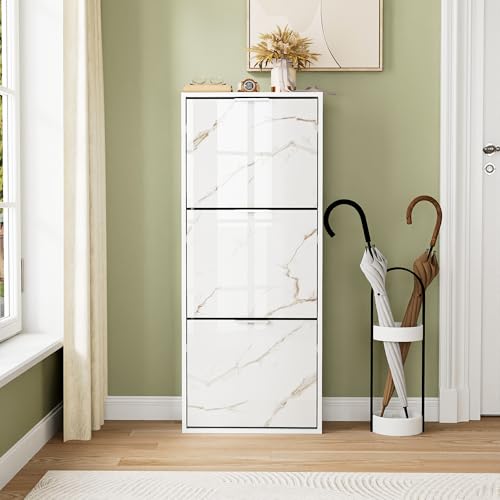 UEV Meuble à Chaussures Inclinable, Armoire à Chaussures avec 3 Compartiments, Étagère Réglable et Amovible, Motif en Marbre, pour Couloir, Entrée,...