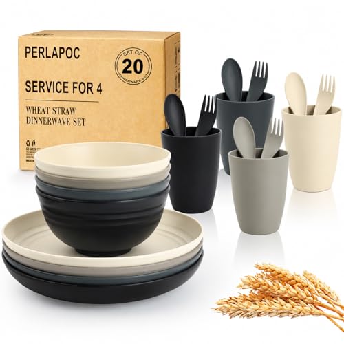 Image of Wheat Straw Dinnerware Sets 20 PCS - Unbreakable Plates and Bowls Set | Plastic Dishes Set for 4, Lightweight Camp Dishes for Outdoor and Family Gatherings.