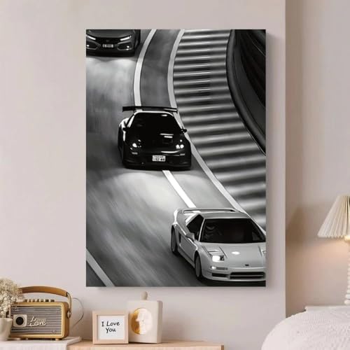 Toile voiture de sport noire et blanche 60x80 cm pour salon moderne