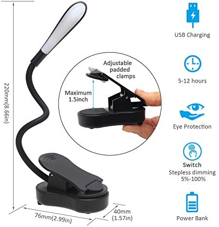 Anmossi LED Book Light,Dimmable Reading Light with Touch Sensor,7 LEDs Reading Lamp,3 Brightness Modes,USB Rechargeable Clip On Eye Care Lamp for Book,Reading in Bed,Tablet,Music Stand (Black)