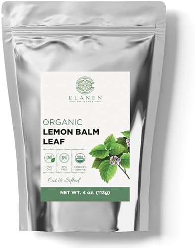 Elanen Naturals Organic Lemon Balm Herb 4 oz. (113g), USDA Certified Organic Lemon Balm Dried Loose Leaf Tea, Melissa Officinalis, Melisa Tea, Te De Toronjil, Cut & Sifted