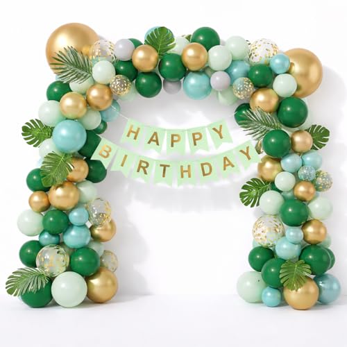 Image of Rozi Decoration Green and Gold Balloon Arch Birthday Decoration Kit with Happy Birthday Paper Banner | Jungle Theme Party Decoration Set for Home, Kids and Adult Celebrations Pack of 56 Pcs