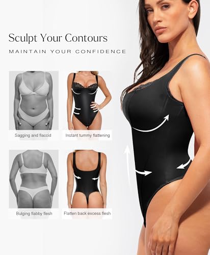 Image of Popilush Faux Leather Shapewear Bodysuit Lace Body Suits for Womens Tummy Control Corset Tops Thong Body Shaper