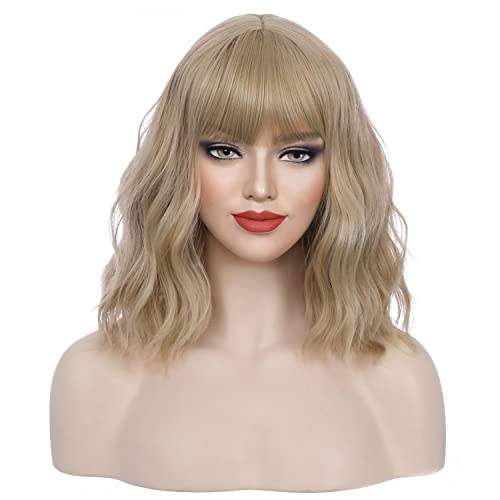BERON 14" Womens Short Curly Wavy Wig with Bangs Synthetic H