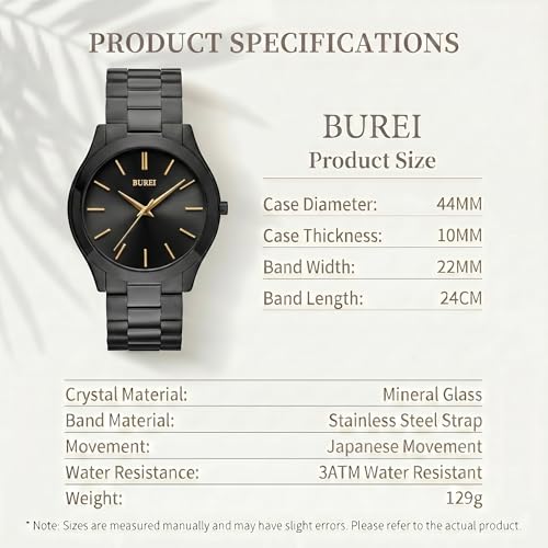 Image of BUREI Men's Wrist Watch, Analog Stainless Steel Dress Waterproof Quartz Watch for Men with Japanese Movement,Refined Gifts for Men, Boyfriend, Husband, Dad