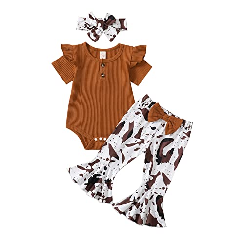 Image of VOLUOVO Newborn Infant Baby Girl Clothes Ruffle Sleeve Romper Top Flared Pants Headband Outfit Set