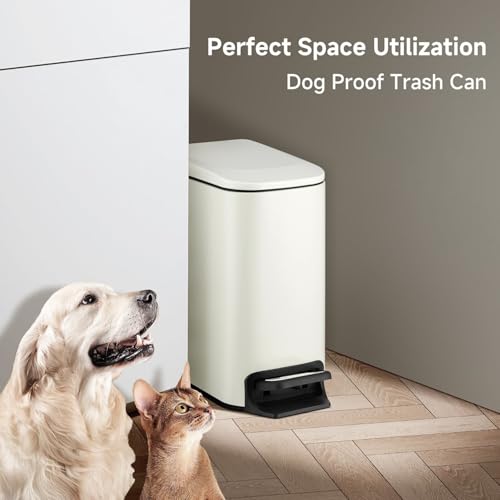 Image of TIPGO Small Bathroom Trash Can with Lid, 1.6 Gal, Soft Close, Cream | Foot Pedal, Soft Quiet Lid, 5.9'' Slim for Narrow Space, Stainless Steel, Anti-fingerprint, Removable Inner Bucket, Odor Seal
