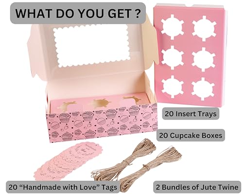 Image of mudrit Cupcake Boxes with Insert Trays (Pack of 20), Cupcake Carrier, Food Grade Bakery Boxes with Windows and Inserts to Fit 6 Cupcakes Muffins or Pastries (Pink)