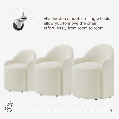 Image of KISLOT Upholstered Dining Chairs with Casters, No Assembly Modern Dining Room Chairs Accent Vanity Chair with 5 Wheels & Round Backrest for Bedroom, Living Room, Dressing, Linen Fabric, Set of 4