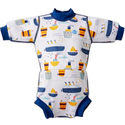 Image of Splash About Happy Nappy Wetsuit, Swimsuit for Babies & Toddlers with Built-in Swim Diaper (Tug Boats, 0-4 Months)