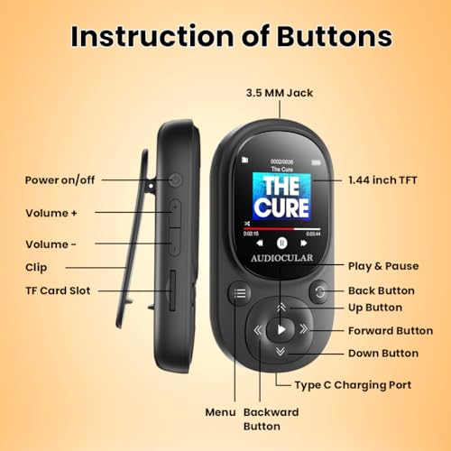 Image of AUDIOCULAR M11 16GB MP3 Digital Player with Clip, Portable Bluetooth Music Player Support Upto128GB External Storage, Pedometer, FM Radio, Voice Recorder, E-Book, Stopwatch (16GB - Black)