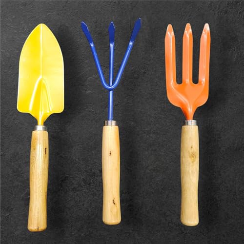 Image of RedBuild Garden Hand Tools Set of 3 - Heavy Duty Trowel, Cultivator & Fork with Ergonomic Wooden Handles for Home Terrace Kitchen Gardening