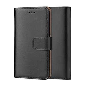 ameego Premium Genuine real Leather Wallet Flip protective Case with Tan Interior, kickstand, Card slots and Magnetic closure Slim design Notebook flip cover for LG K8 (5.0”) (BLACK)