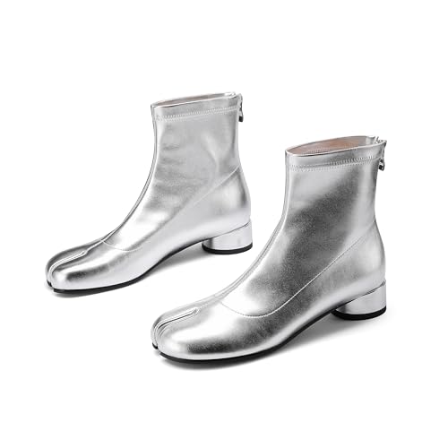 Image of Split Toe Ankle Boots for Women Tabi Japanese Ninja Shoes Low Chunky Heels Booties, Stretch Artificial Leather Boots Back Zipper