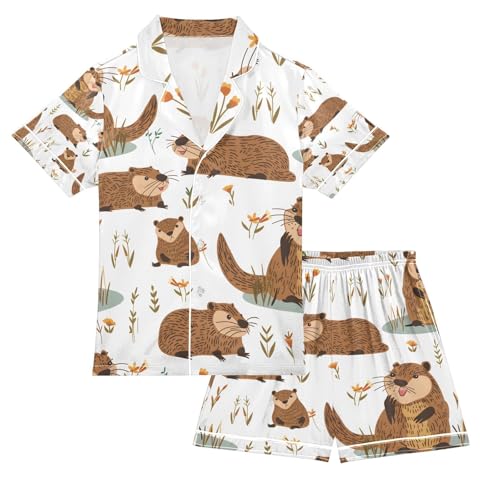 senya Cute Beavers Satin Summer Pajama Sets Silk Short Sleeve Button Down Sleepwear
